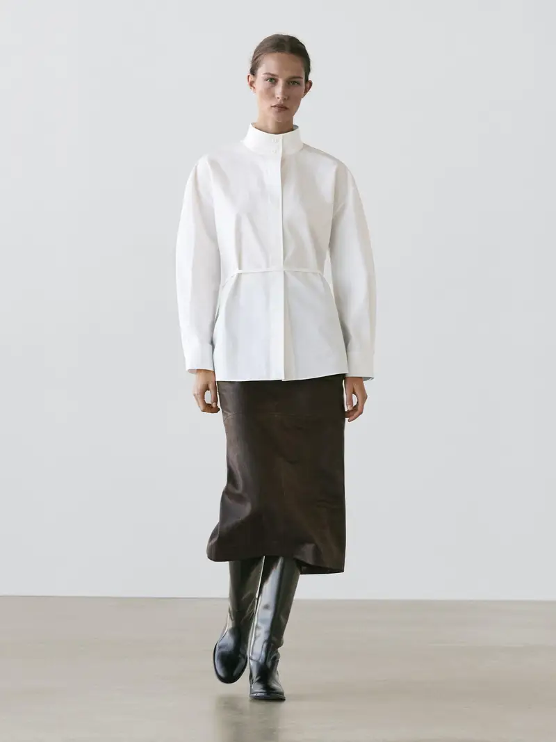 Camicia Con Collo Alto E Dettaglio Di Nastro - Bianco - - Massimo Dutti - Femminile