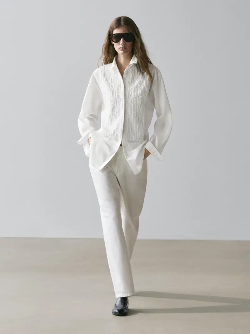 Camicia Con Pettorina E Dettagli Ricamati - Bianco - - Massimo Dutti - Femminile