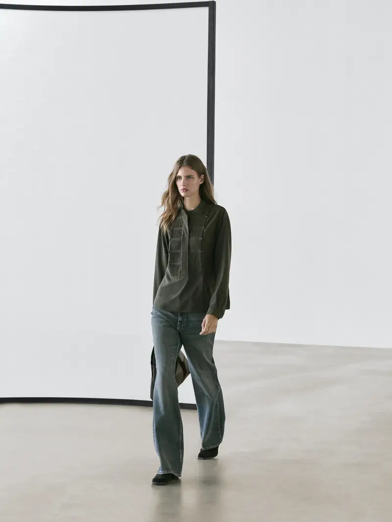 Camicia Con Pieghe E Collo Alla Coreana - Verde - - Massimo Dutti - Femminile