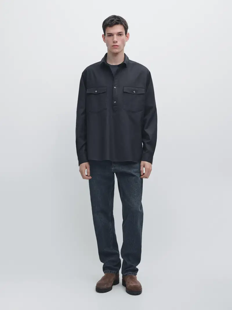 Camicia Con Tasche In Cotone - Blu Marino - - Massimo Dutti - Maschile