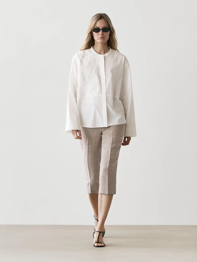 Camicia In Misto Cotone Con Ricamo - Bianco - - Massimo Dutti - Femminile