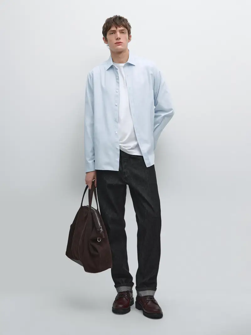 Camicia In Misto Cotone Regular Fit - Celeste - - Massimo Dutti - Maschile