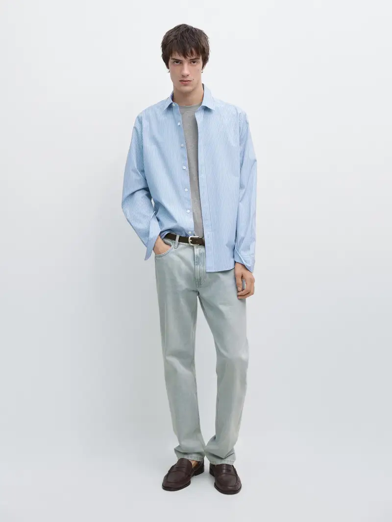 Camicia In Popeline A Righe 100% Cotone - Azzurro Medio - - Massimo Dutti - Maschile