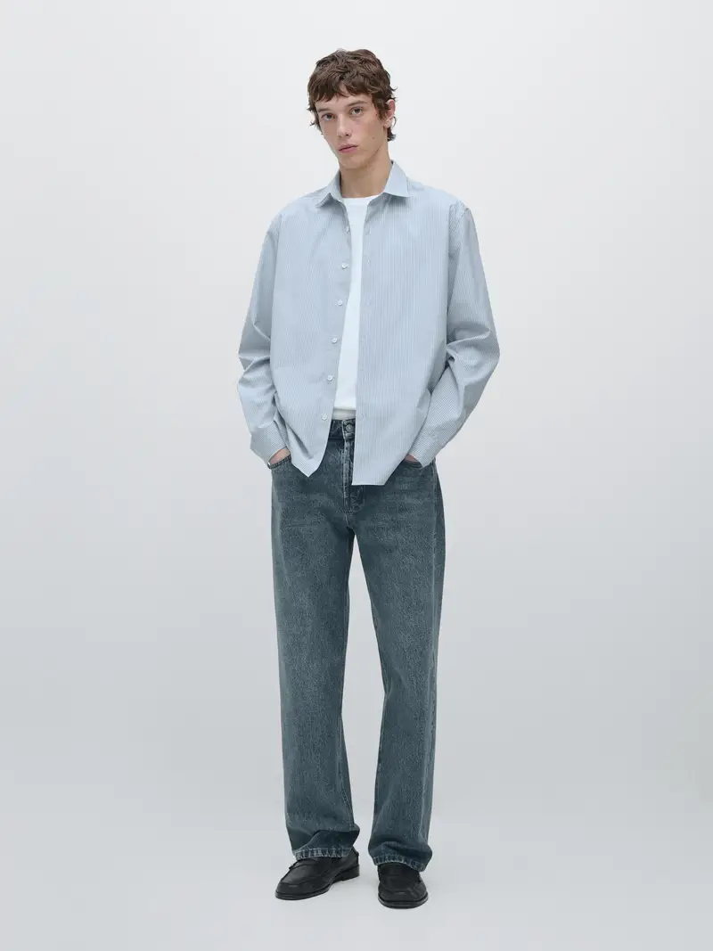 Camicia In Popeline A Righe 100% Cotone - Celeste - - Massimo Dutti - Maschile