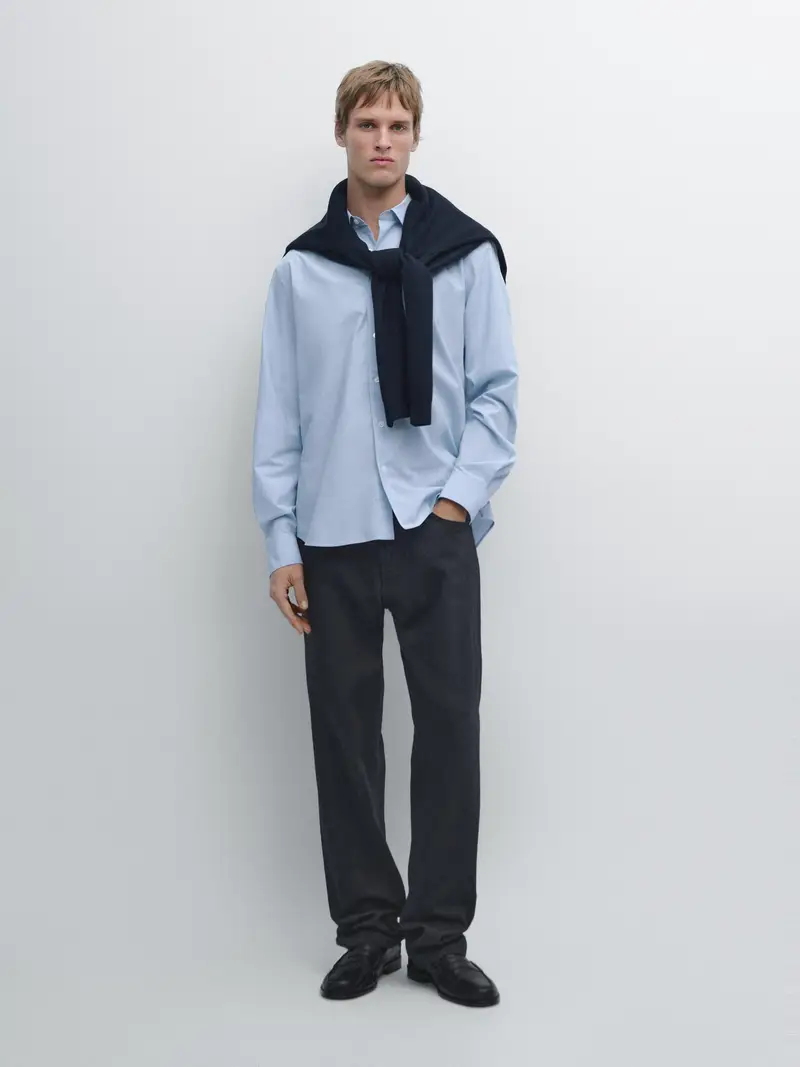 Camicia In Popeline A Righe Regular Fit - Azzurro Medio - - Massimo Dutti - Maschile