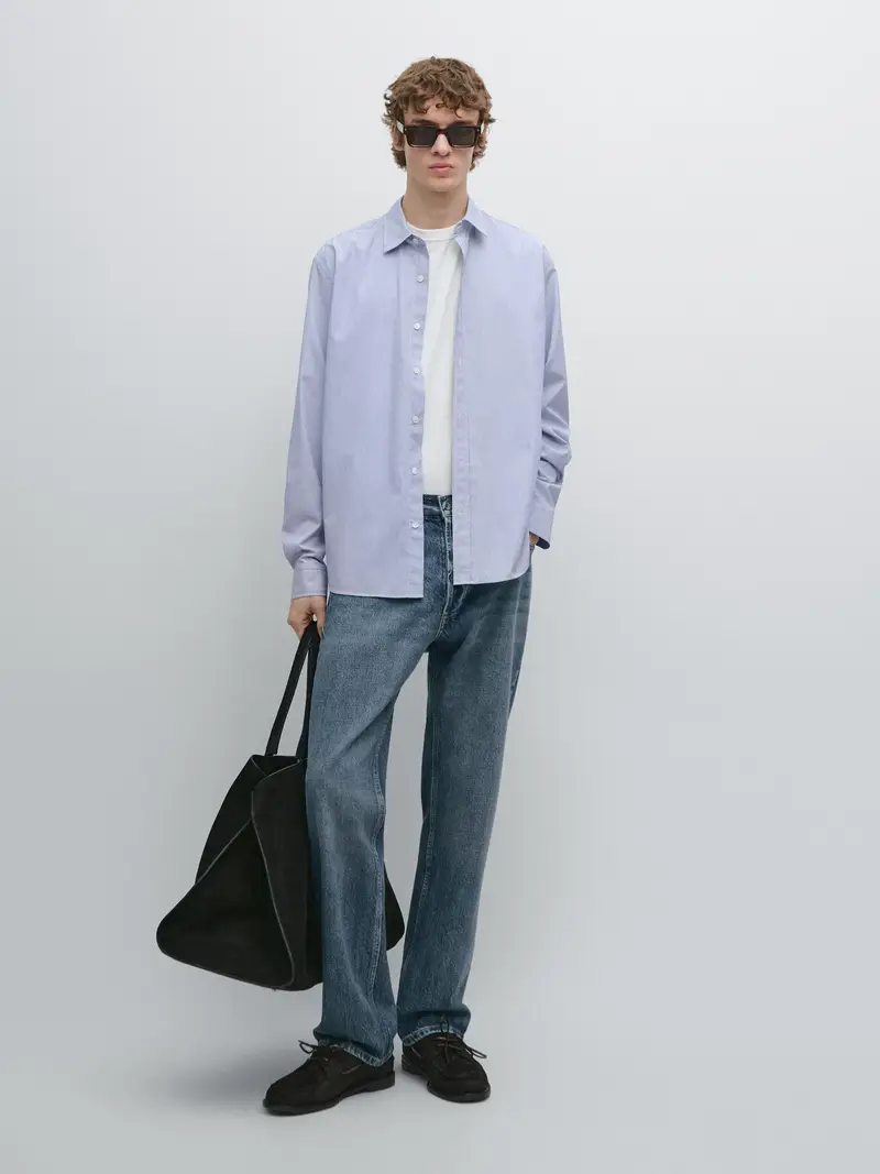 Camicia In Popeline A Righe Regular Fit - Blu Marino - - Massimo Dutti - Maschile