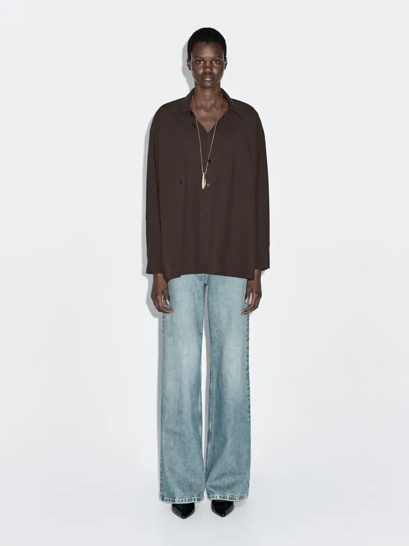 Camicia In Popeline Con Abbottonatura Asimmetrica - Marrone - - Massimo Dutti - Femminile