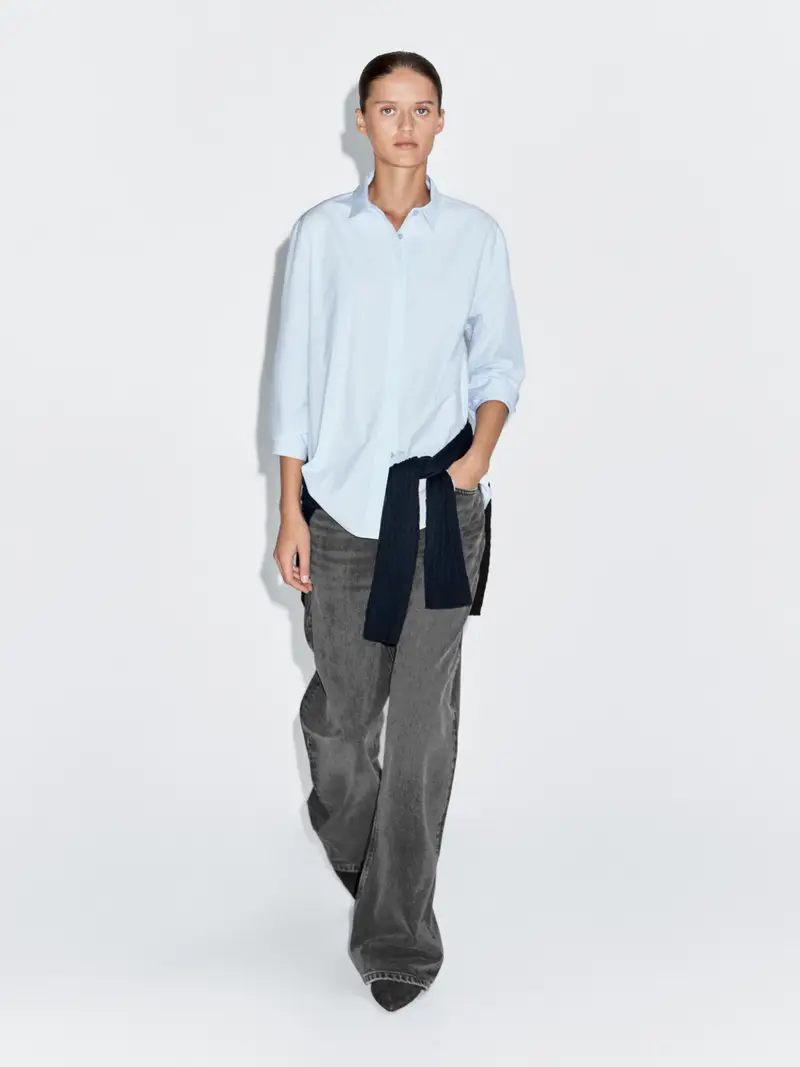 Camicia In Popeline Con Bottoni Nascosti - Celeste - - Massimo Dutti - Femminile