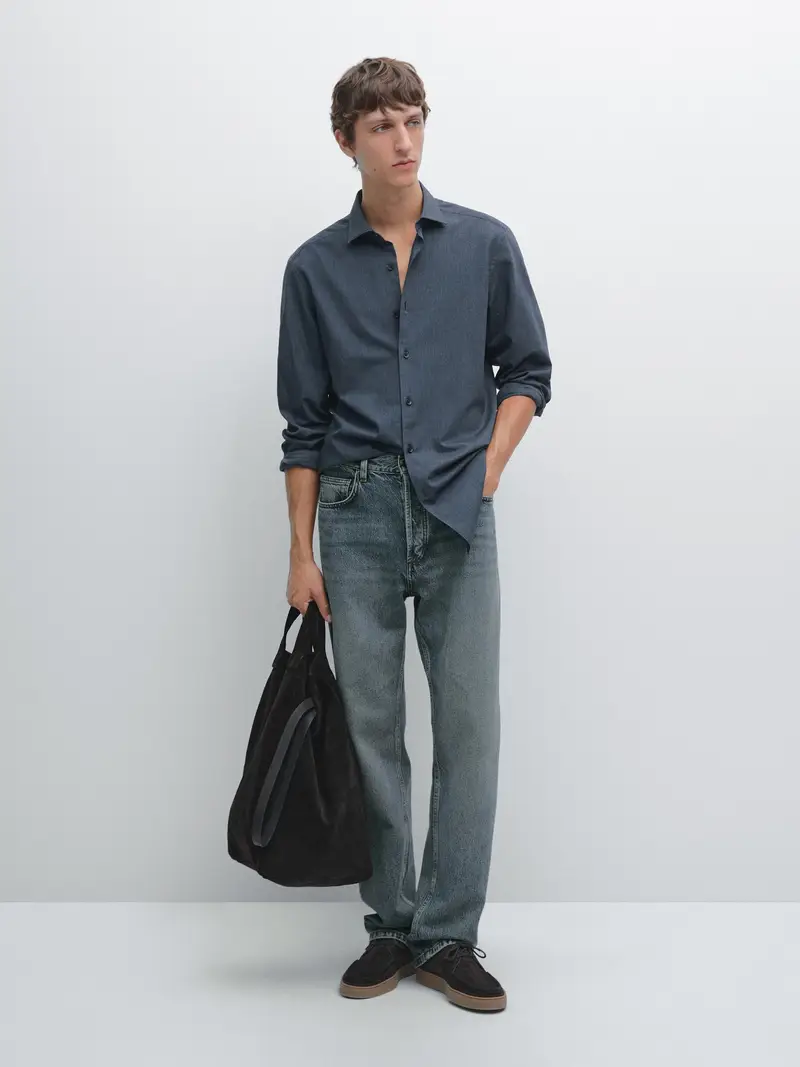 Camicia In Twill Mélange Slim Fit - Azzurro Medio - - Massimo Dutti - Maschile