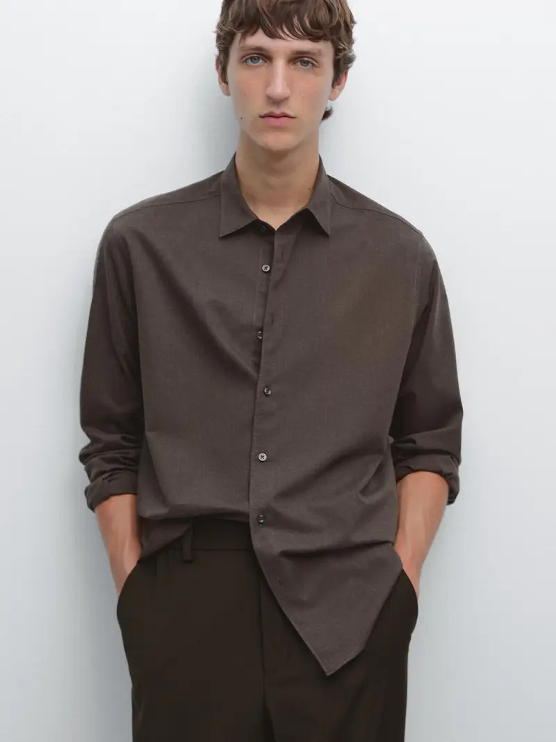 Camicia In Twill Mélange Slim Fit - Marrone - - Massimo Dutti - Maschile
