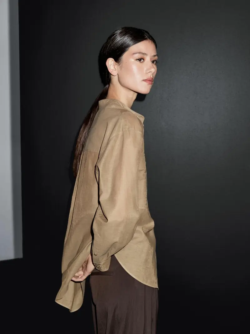 Camicia Lunga Con Collo Alla Coreana - Kaki - - Massimo Dutti - Femminile