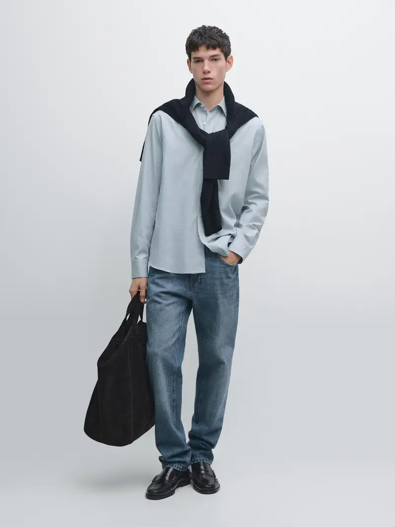 Camicia Mélange Regular Fit - Celeste - - Massimo Dutti - Maschile