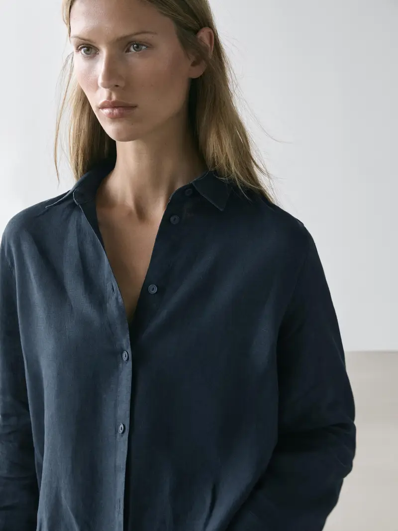 Camicia Morbida 100% Lino - Blu Marino - (It 42) - Massimo Dutti - Femminile
