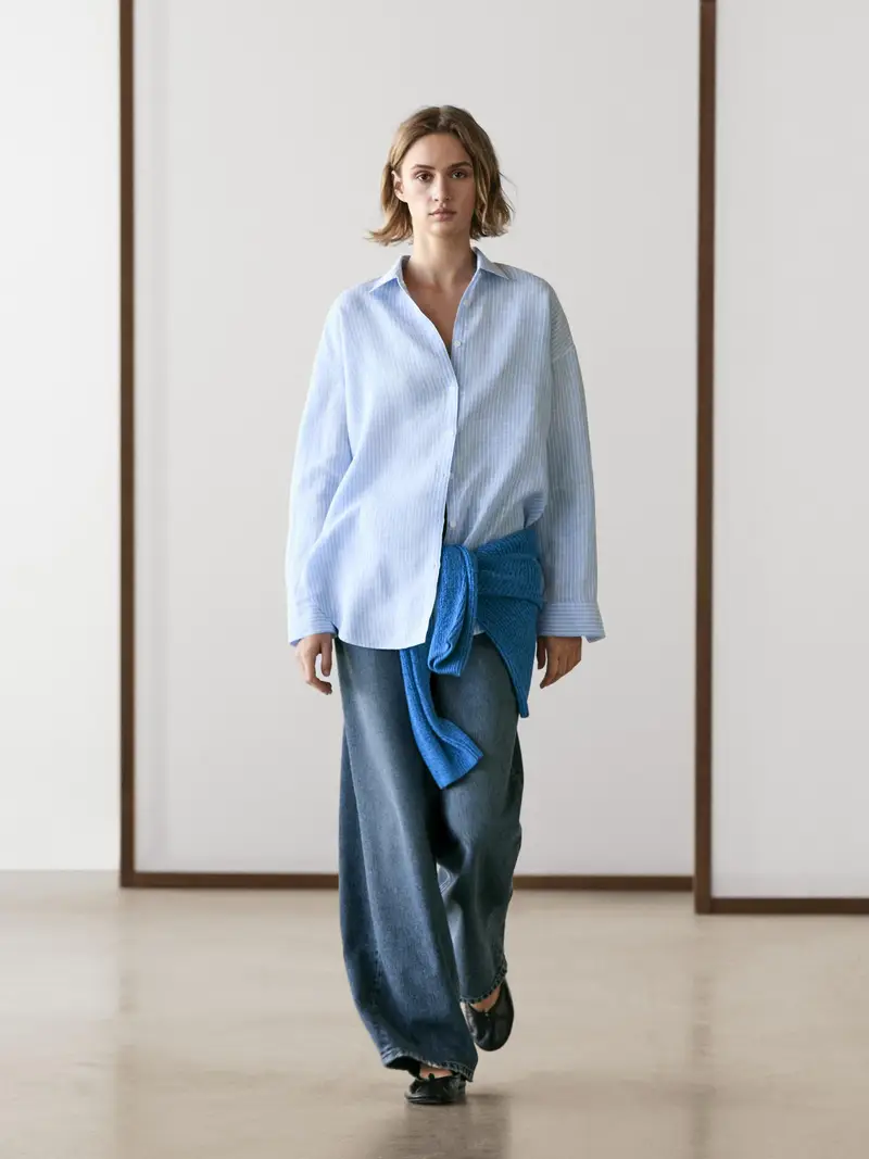 Camicia Morbida A Righe 100% Lino - Celeste - - Massimo Dutti - Femminile