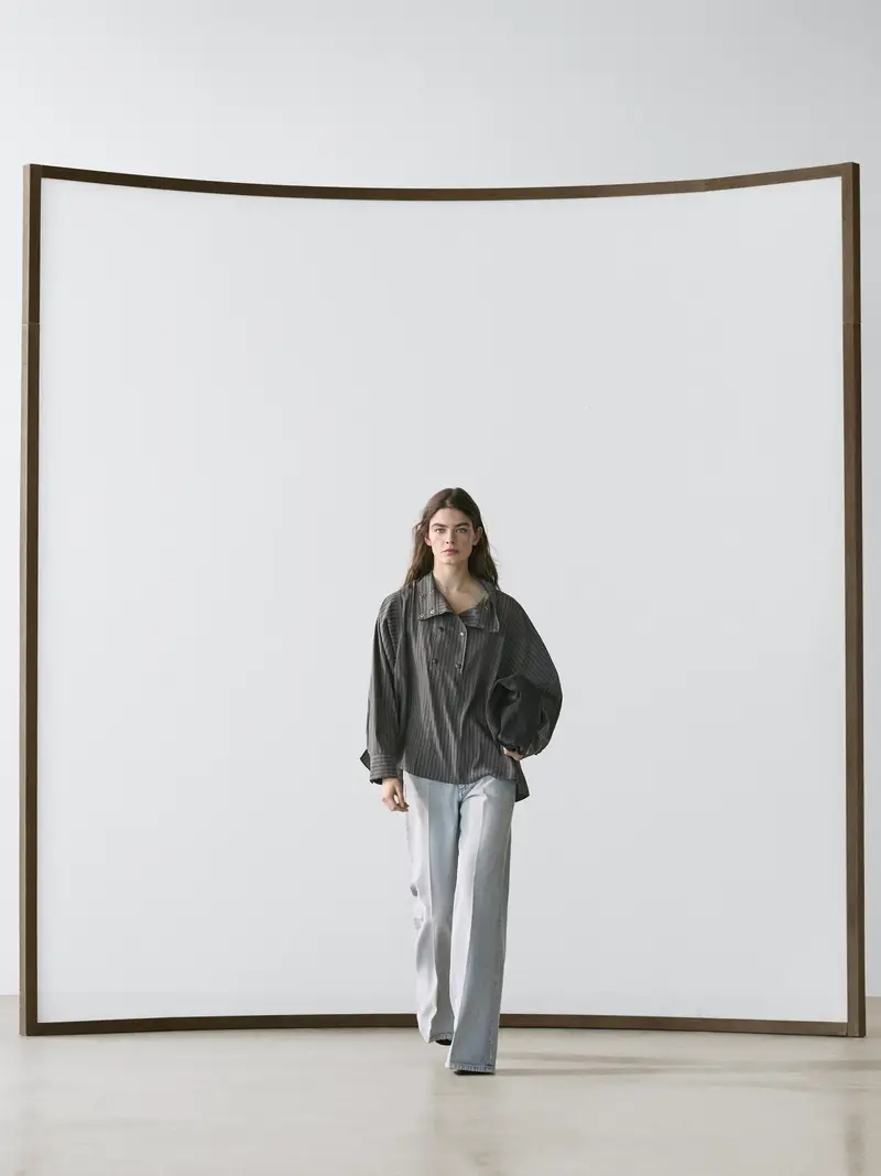 Camicia Morbida A Righe Con Dettaglio Sul Collo - Grigio - - Massimo Dutti - Femminile