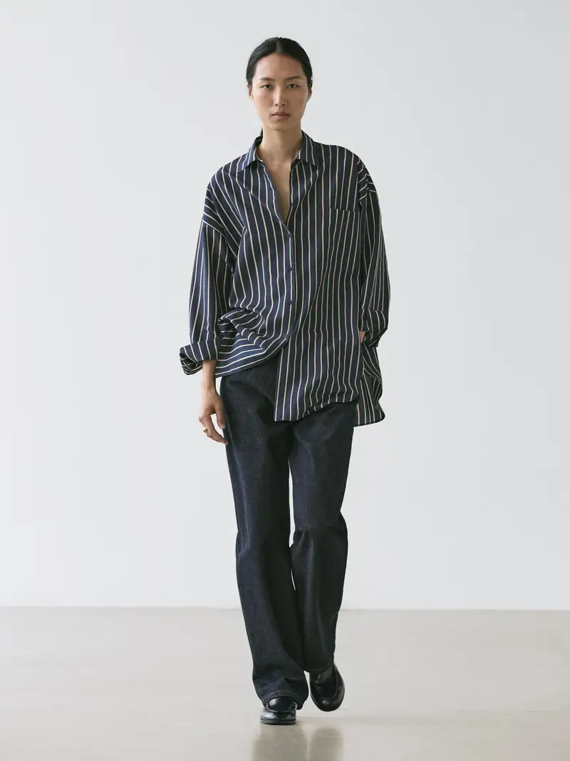 Camicia Morbida A Righe Con Tasca - Blu Marino - - Massimo Dutti - Femminile
