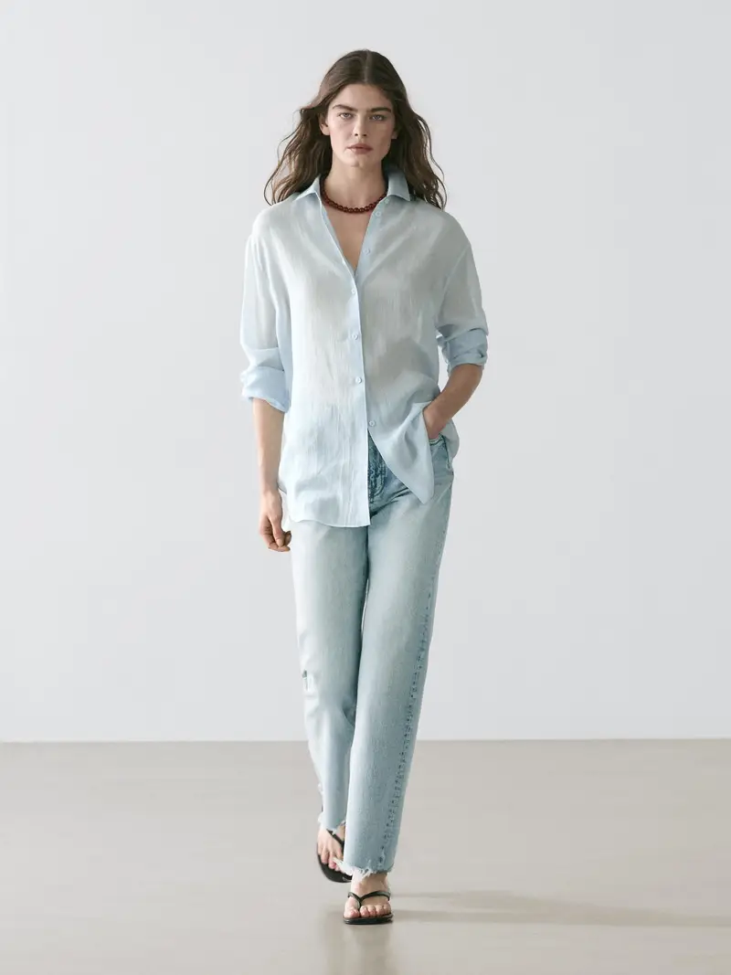 Camicia Morbida Con Colletto Stile Camicia - Celeste - - Massimo Dutti - Femminile