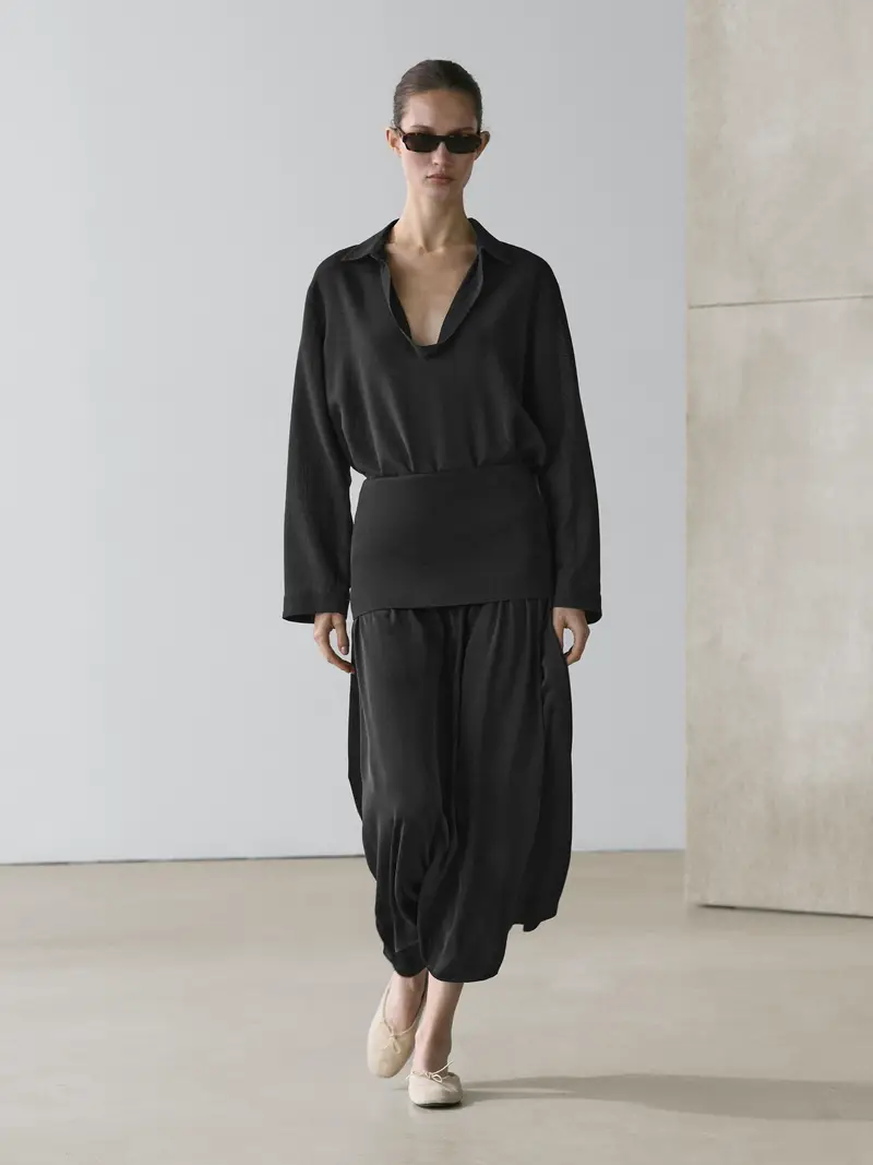 Camicia Morbida Con Scollo A V In Cotone - Marrone - - Massimo Dutti - Femminile