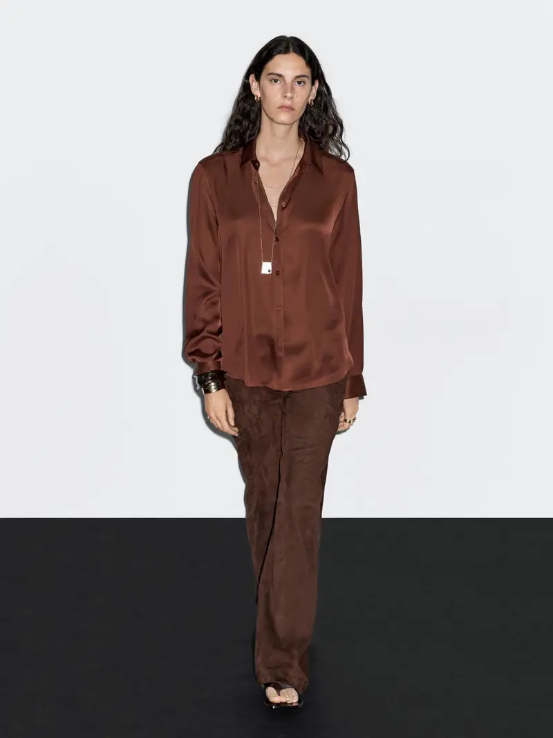 Camicia Morbida Satinata - Marrone - - Massimo Dutti - Femminile