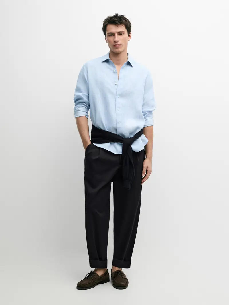 Camicia Regular Fit 100% Lino - Azzurro Chiaro - - Massimo Dutti - Maschile