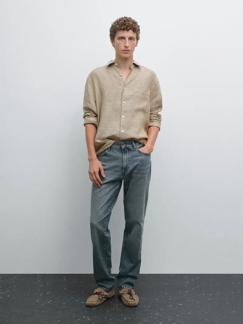 Camicia Regular Fit 100% Lino - Beige - - Massimo Dutti - Maschile