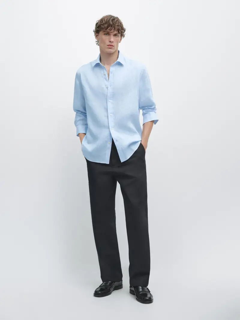 Camicia Regular Fit 100% Lino - Blu Celeste - - Massimo Dutti - Maschile