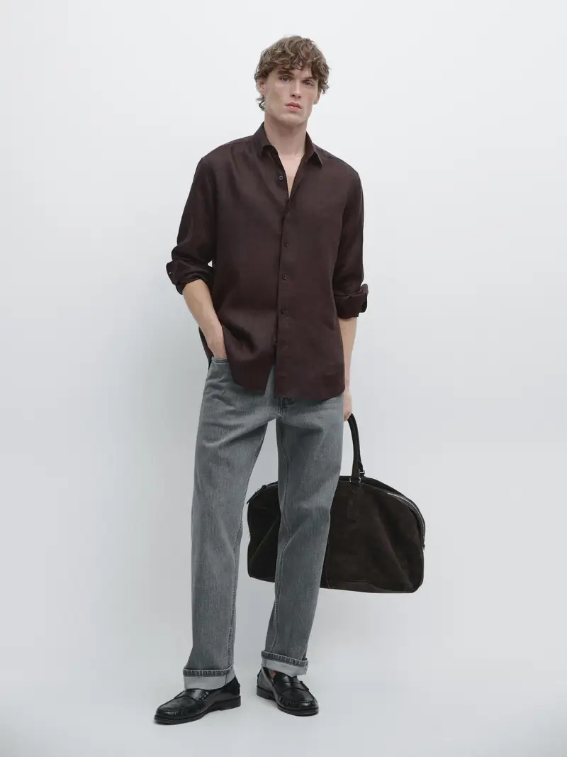 Camicia Regular Fit 100% Lino - Bordeaux - - Massimo Dutti - Maschile