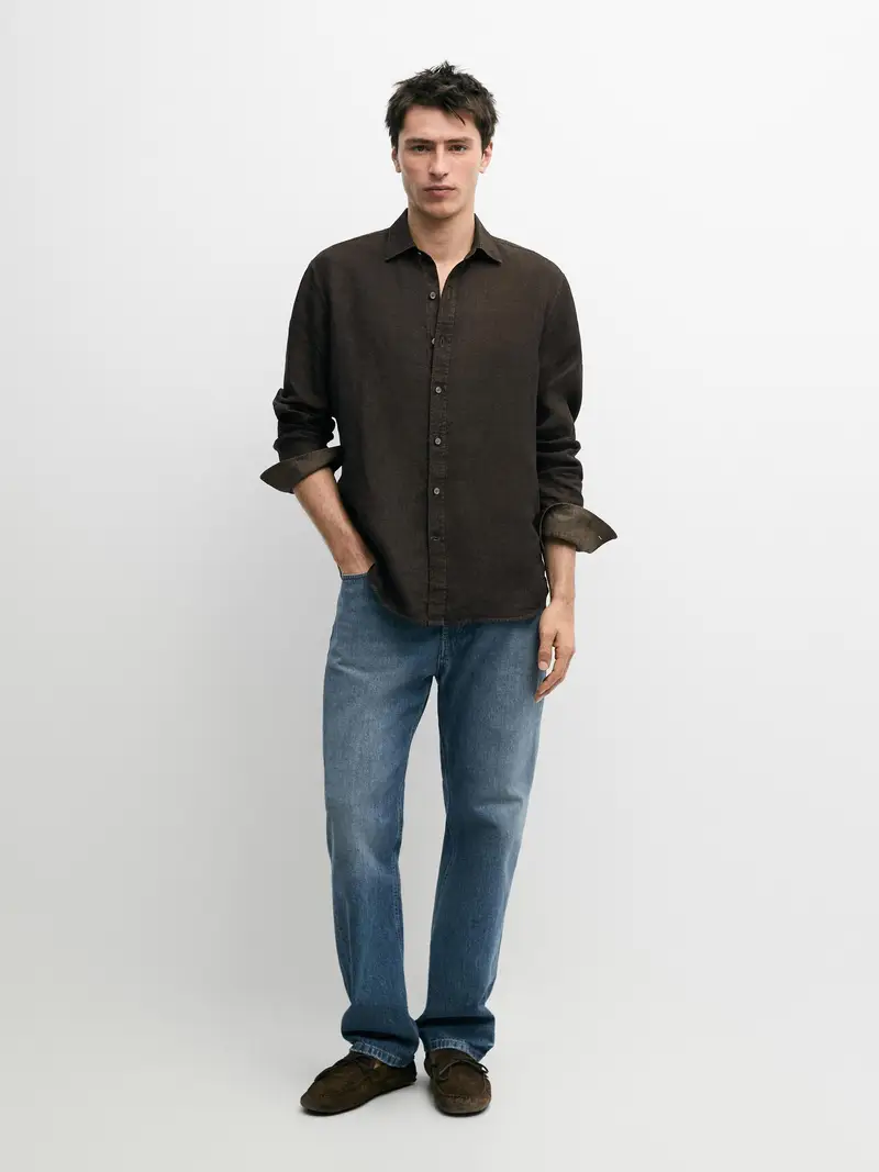 Camicia Regular Fit 100% Lino - Cachi - - Massimo Dutti - Maschile