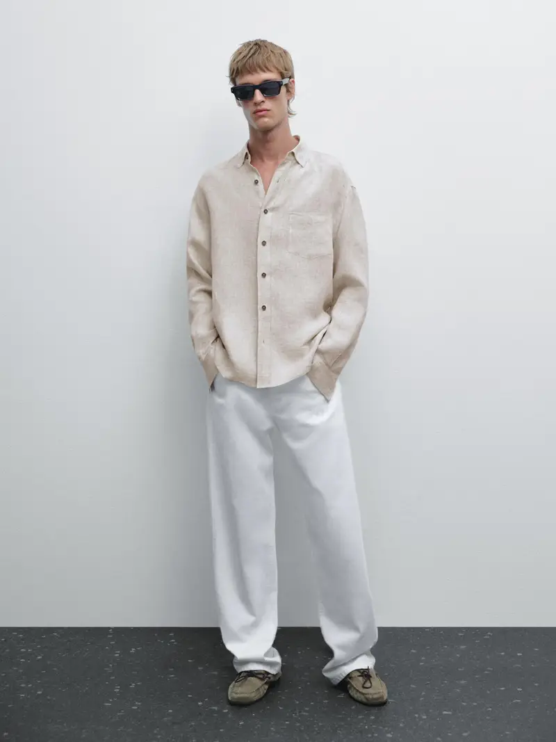 Camicia Regular Fit 100% Lino - Grigio - - Massimo Dutti - Maschile