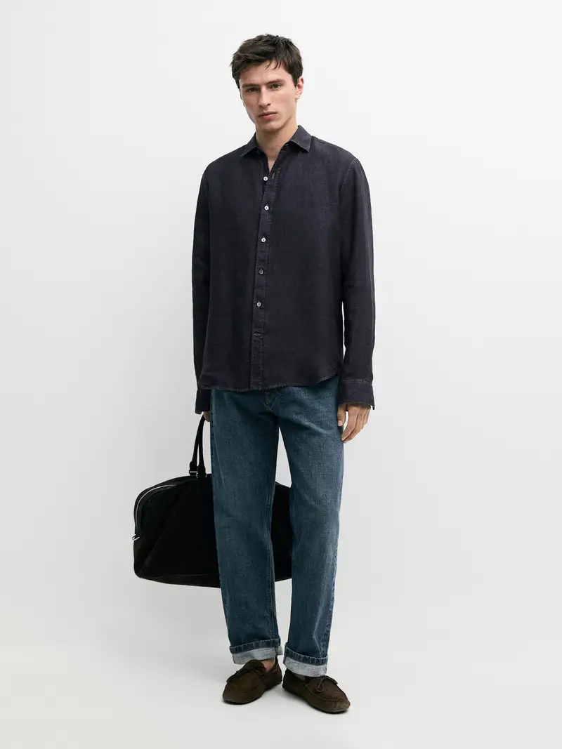 Camicia Regular Fit 100% Lino - Indigo - - Massimo Dutti - Maschile