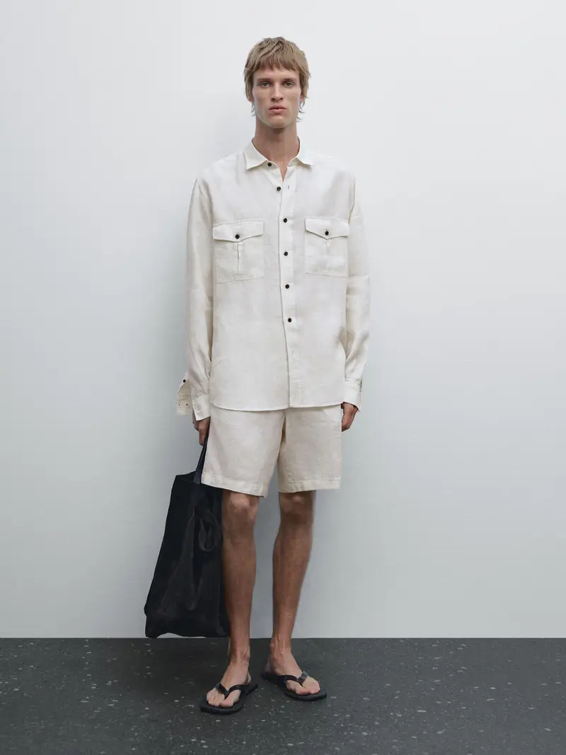 Camicia Regular Fit 100% Lino - Sabbia - - Massimo Dutti - Maschile