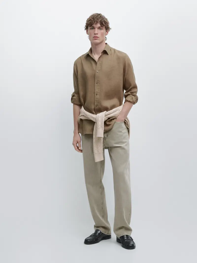 Camicia Regular Fit 100% Lino - Sabbia - - Massimo Dutti - Maschile