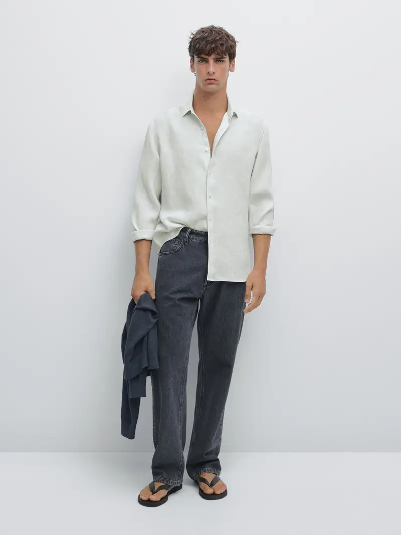 Camicia Regular Fit 100% Lino - Turchese - - Massimo Dutti - Maschile