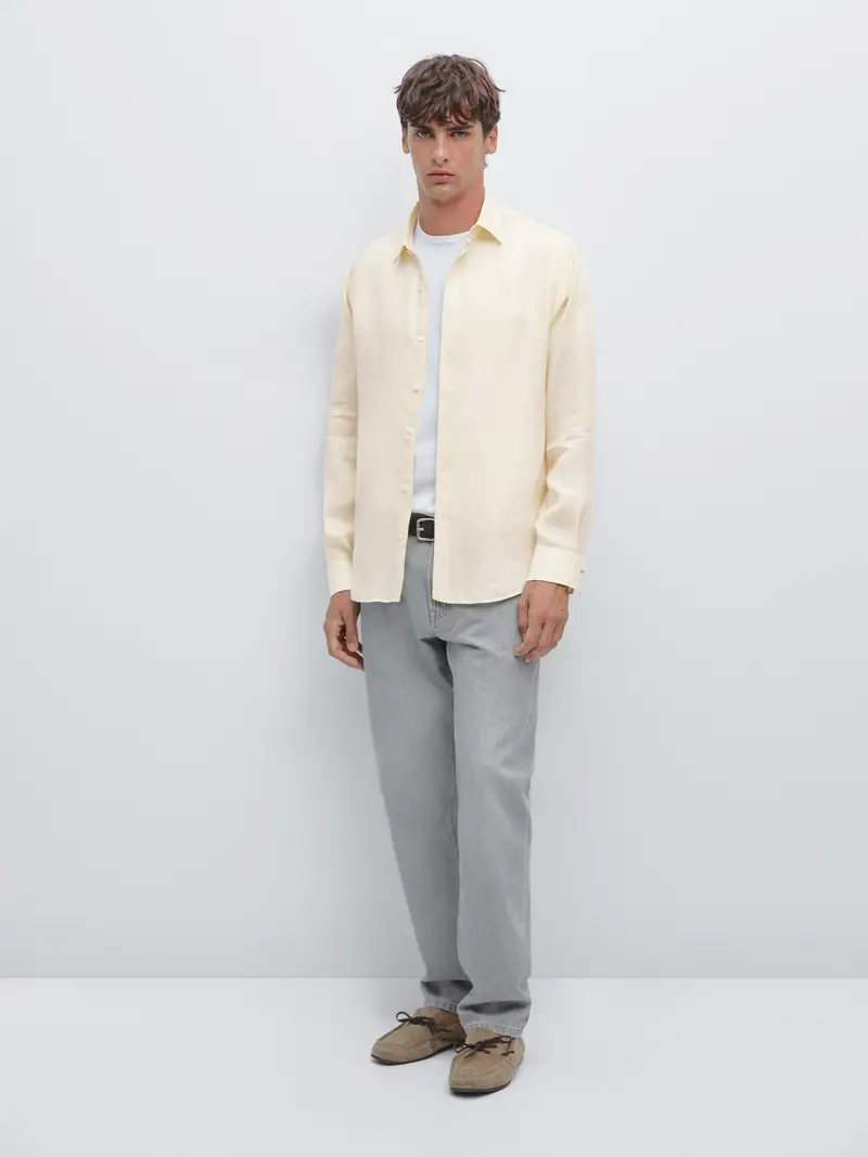 Camicia Regular Fit 100% Lino - Vaniglia - - Massimo Dutti - Maschile