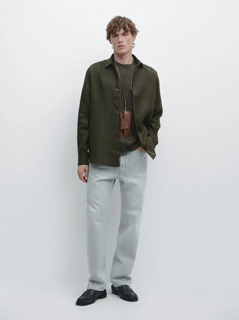 Camicia Regular Fit 100% Lino - Verde Acqua - - Massimo Dutti - Maschile