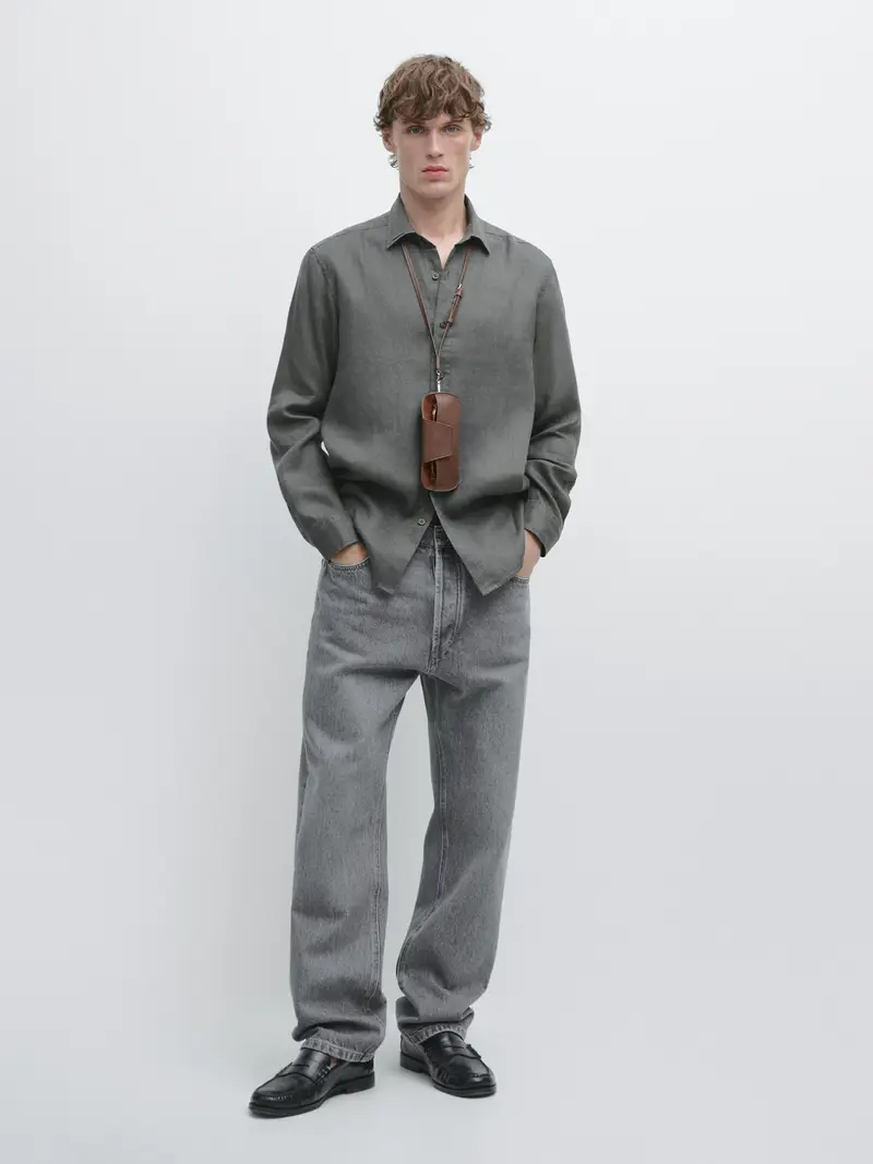 Camicia Regular Fit 100% Lino - Verde - - Massimo Dutti - Maschile