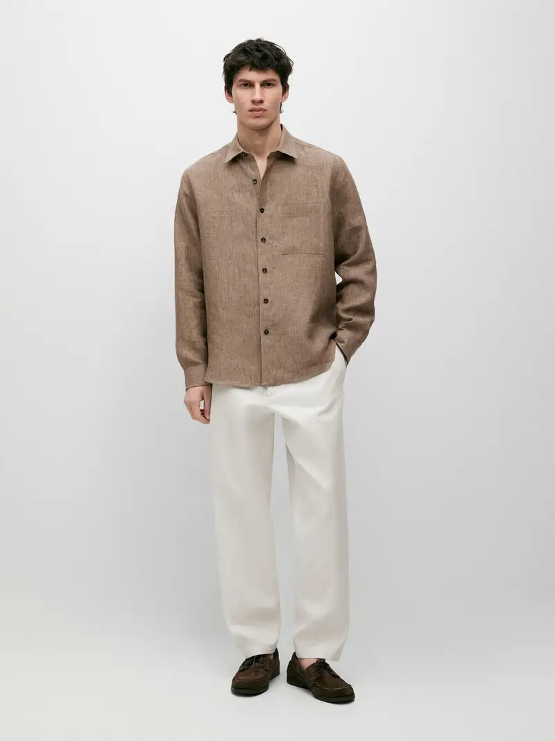 Camicia Regular Fit Délavé Con Tasca In Lino - Beige - - Massimo Dutti - Maschile