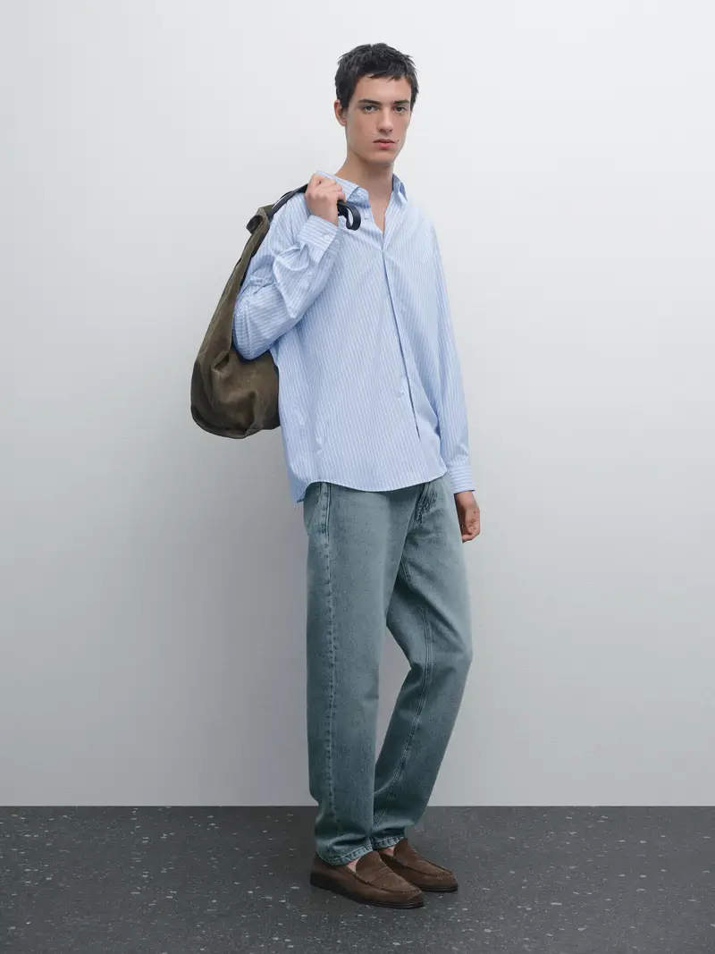 Camicia Regular Fit Dettaglio Righe - Celeste - - Massimo Dutti - Maschile