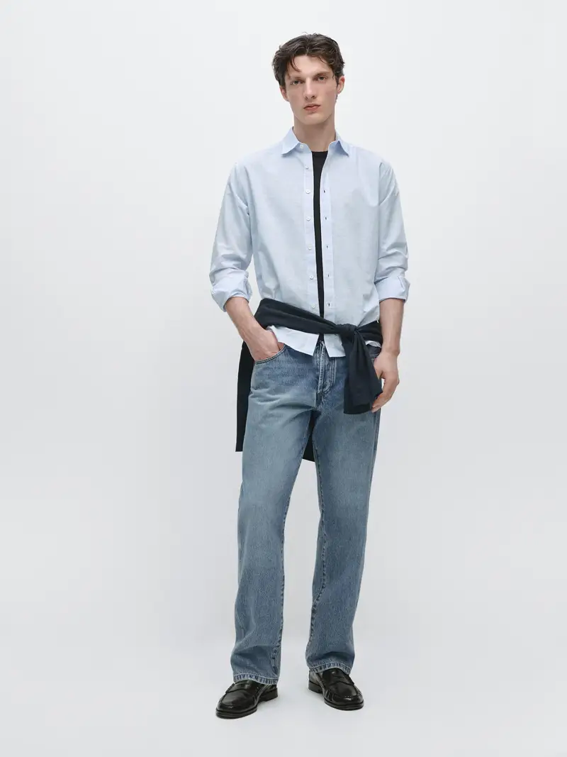 Camicia Regular Fit In Misto Lino - Celeste - - Massimo Dutti - Maschile