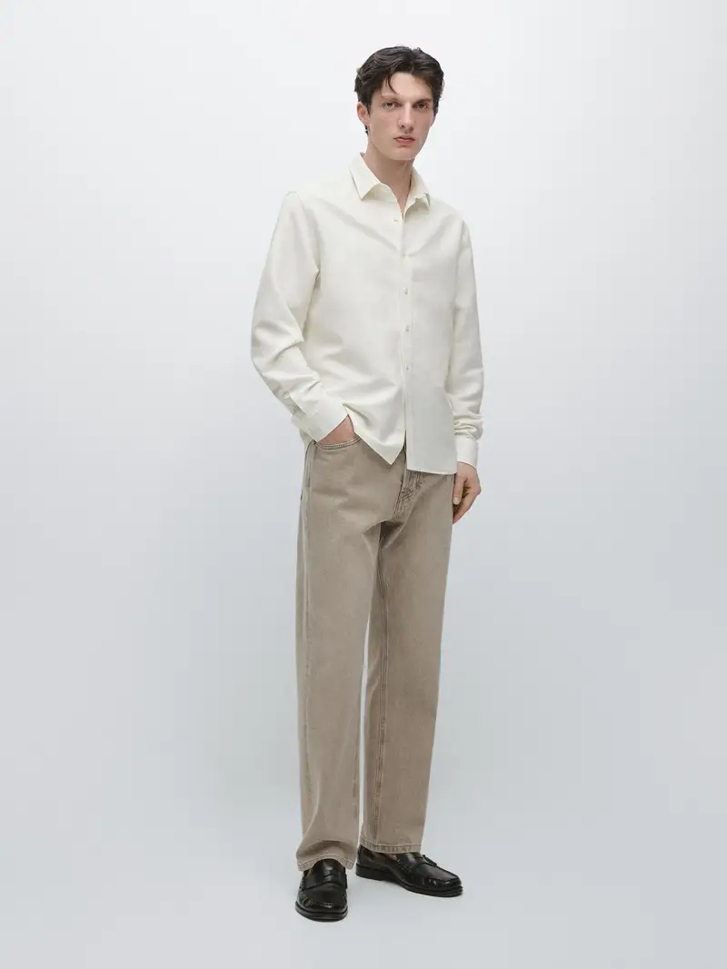 Camicia Regular Fit In Misto Lino - Ecru - - Massimo Dutti - Maschile