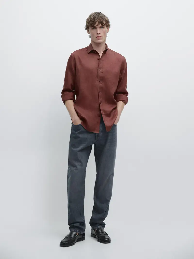 Camicia Slim Fit 100% Lino - Terracotta - - Massimo Dutti - Maschile