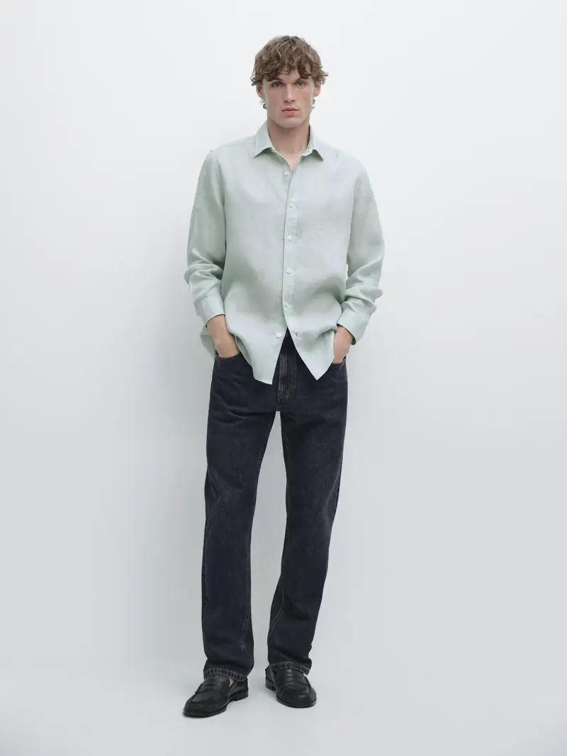 Camicia Slim Fit 100% Lino - Verde Chiaro - - Massimo Dutti - Maschile