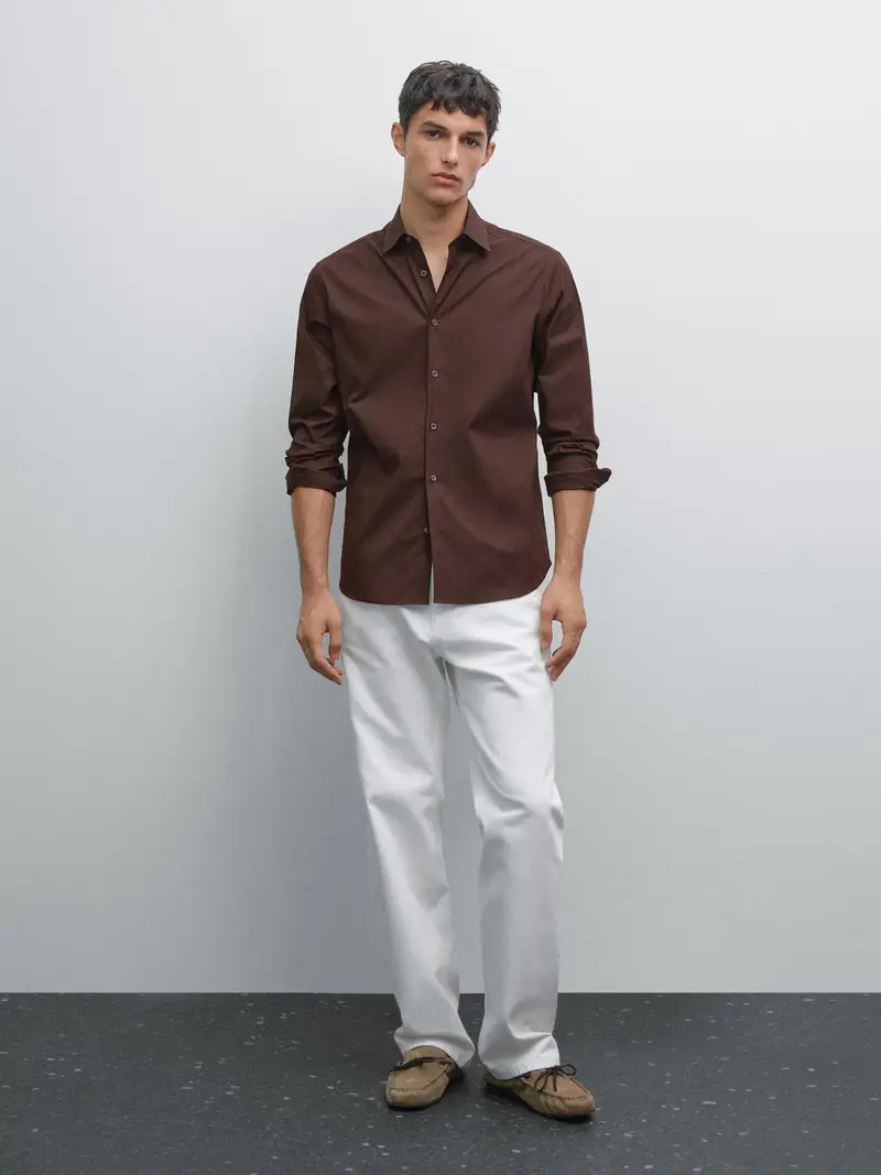Camicia Slim Fit Stretch - Marrone - - Massimo Dutti - Maschile