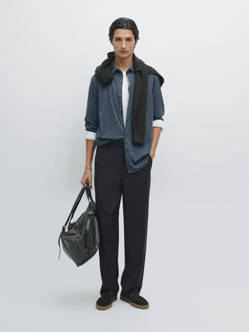 Camicia Stretch Slim Fit - Blu Marino - - Massimo Dutti - Maschile