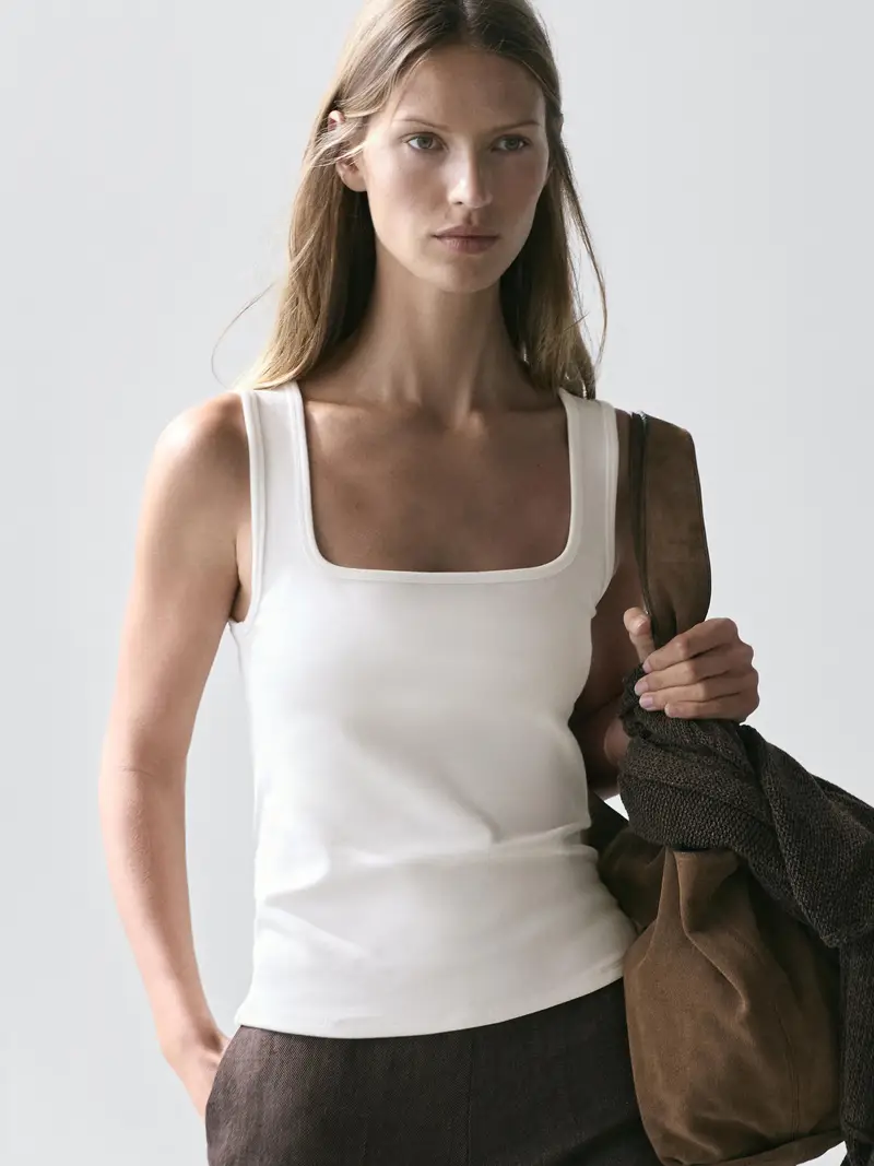 Canotta Con Scollo Quadrato - Bianco Roto - - Massimo Dutti - Femminile