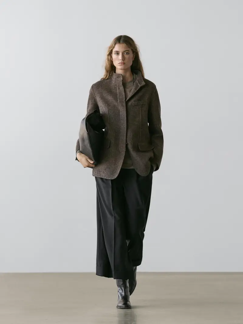 Cappotto In Twill Misto Lana Con Collo Alto - Marrone - - Massimo Dutti - Femminile