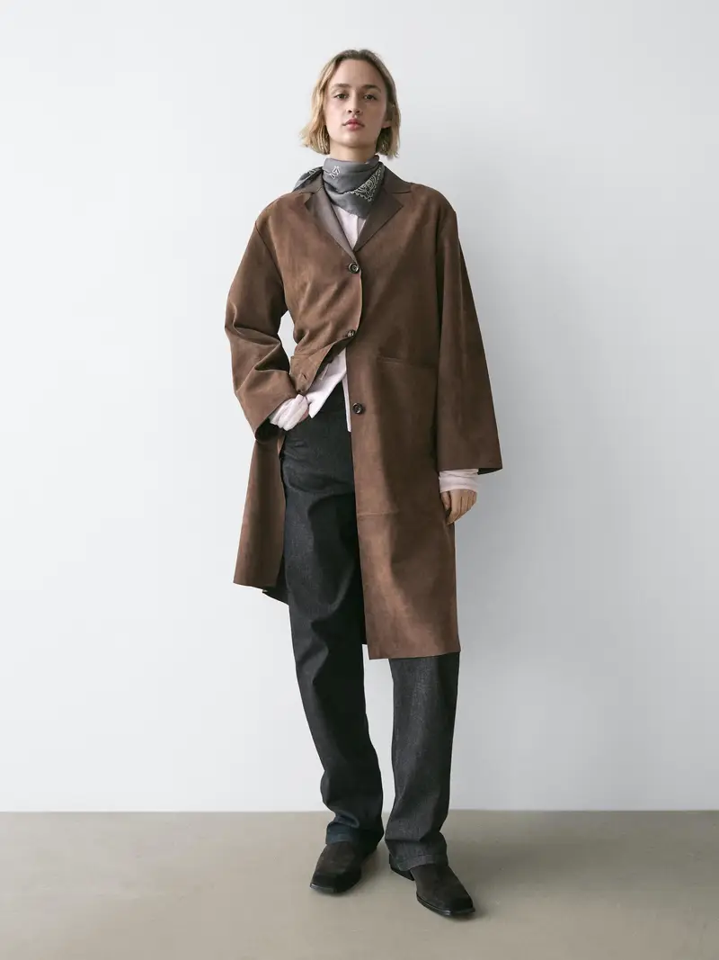 Cappotto Lungo In Pelle Scamosciata - Marrone - - Massimo Dutti - Femminile