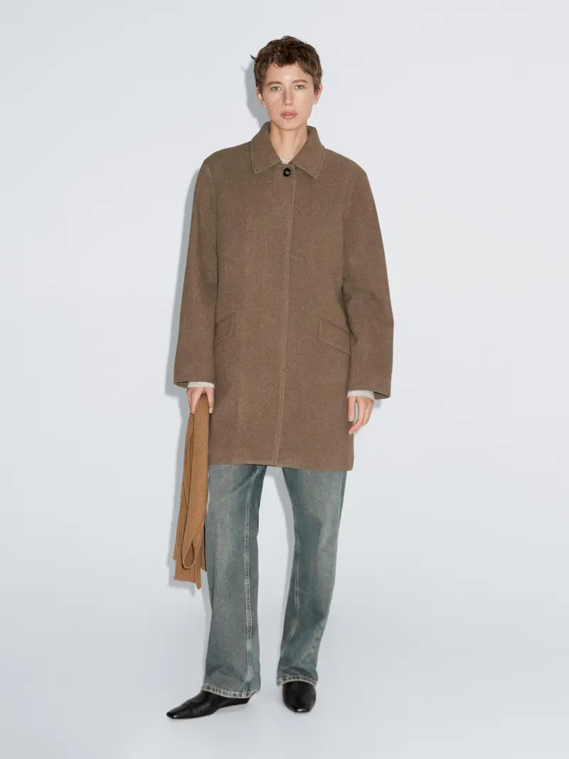 Cappotto Medio Con Tasca E Patte Misto Lana - Oliva - - Massimo Dutti - Femminile