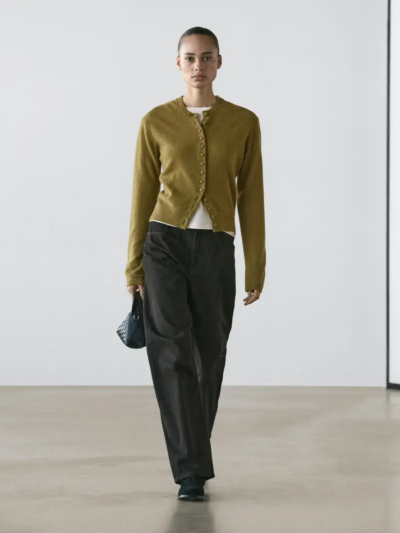 Cardigan In Maglia Con Bottoni Foderati 100% Lana - Oliva - - Massimo Dutti - Femminile