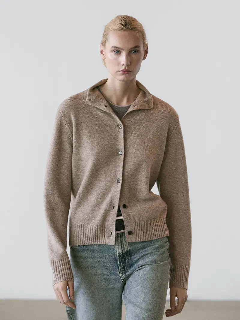 Cardigan In Maglia Di Lana Con Collo Alto - Visone - - Massimo Dutti - Femminile